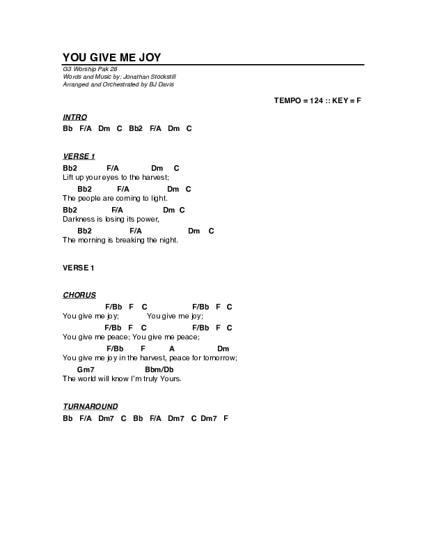You Give Me Joy Chord Chart (G3 Worship)