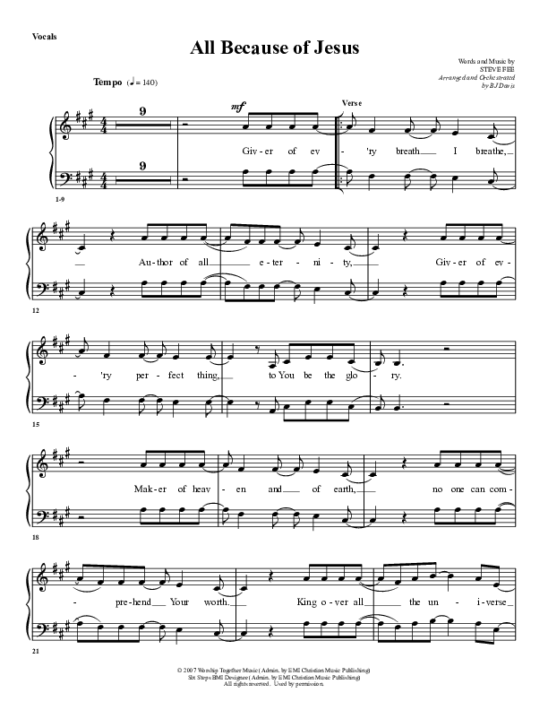 All Because Of Jesus Choir Sheet (G3 Worship)