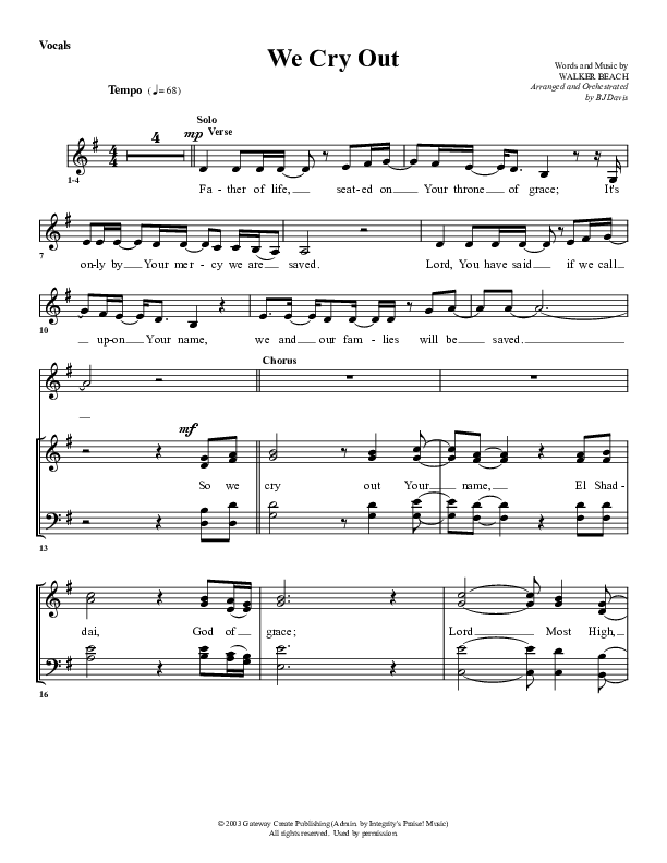We Cry Out Choir Sheet (G3 Worship)