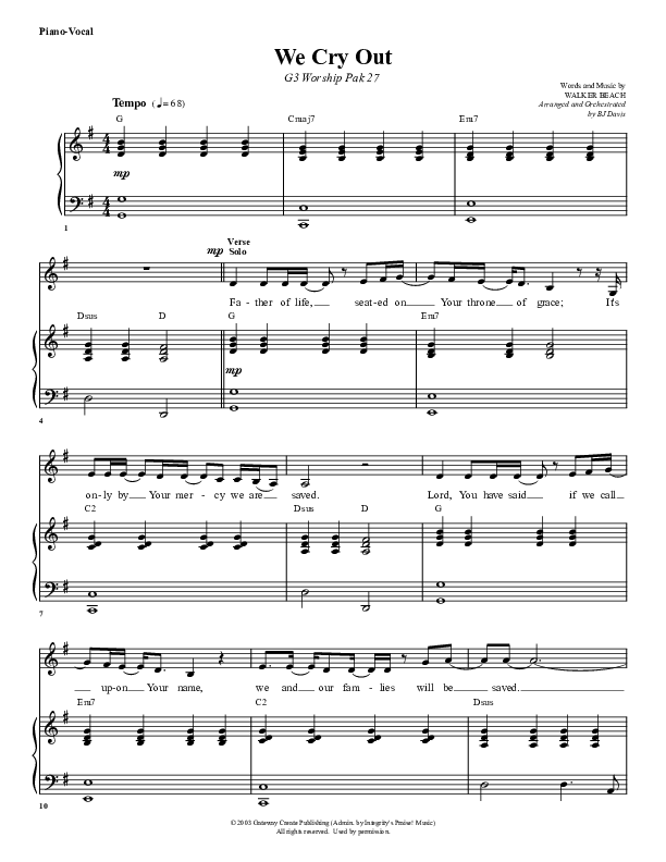 We Cry Out Piano/Vocal & Lead (G3 Worship)