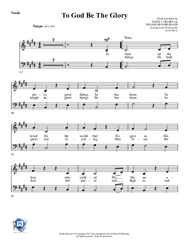 To God Be The Glory Choir Sheet (G3 Worship)
