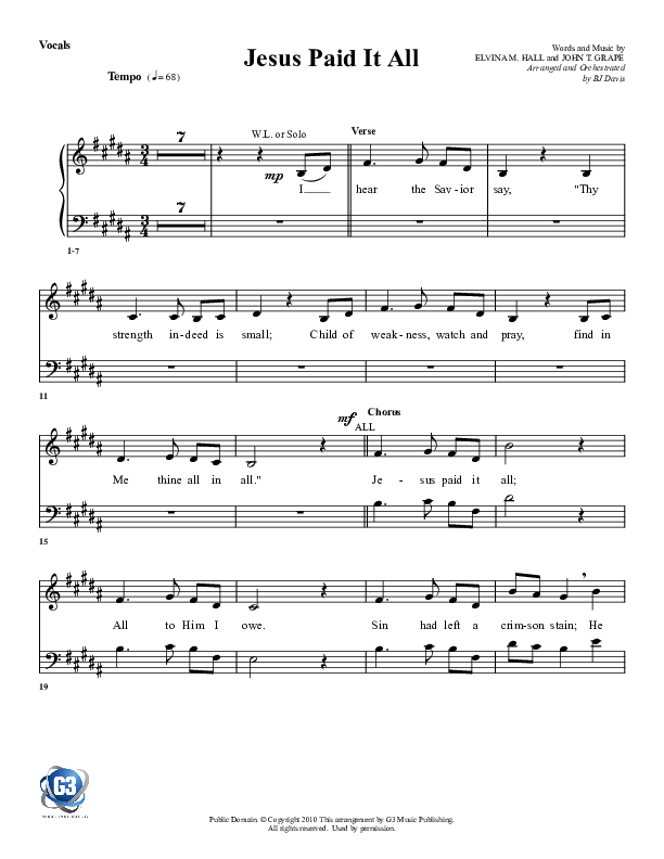 Jesus Paid It All Choir Sheet (G3 Worship)