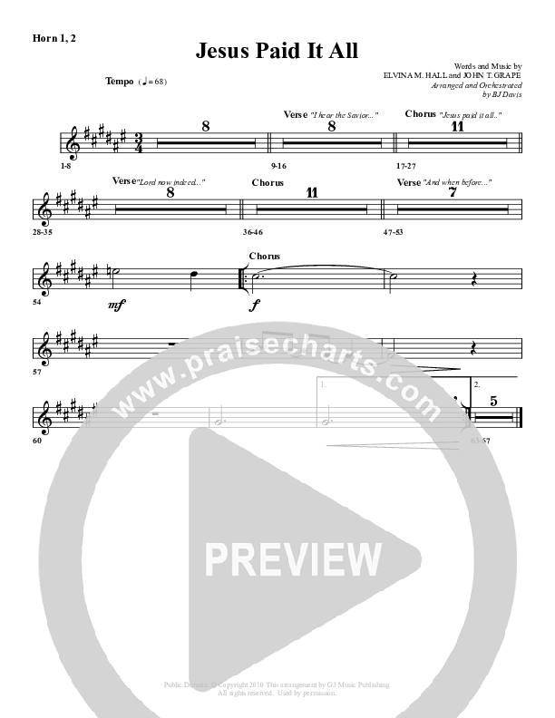 Jesus Paid It All French Horn 1/2 (G3 Worship)