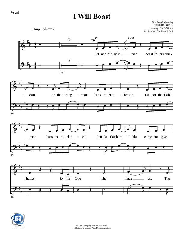 I Will Boast Choir Sheet (G3 Worship)