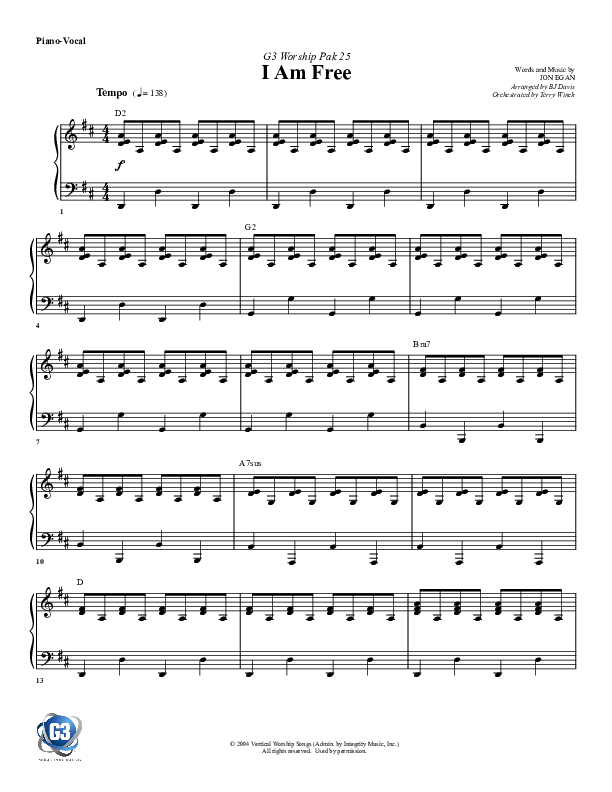 I Am Free Piano/Vocal (G3 Worship)