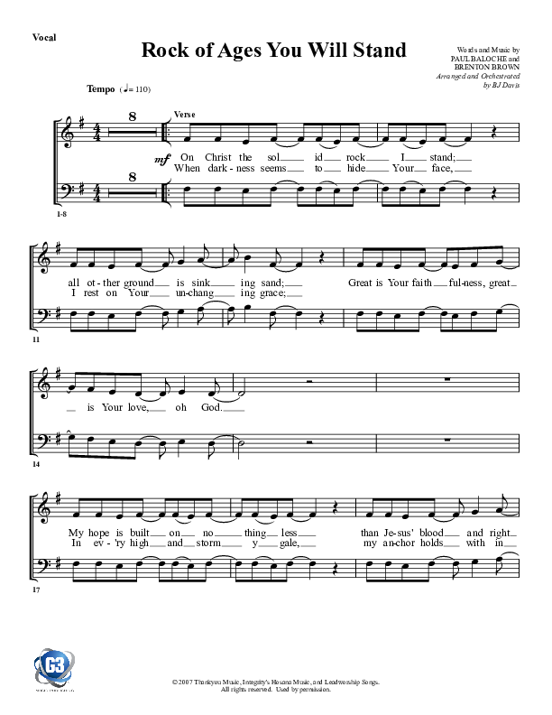 Rock Of Ages (You Will Stand) Choir Sheet (G3 Worship)