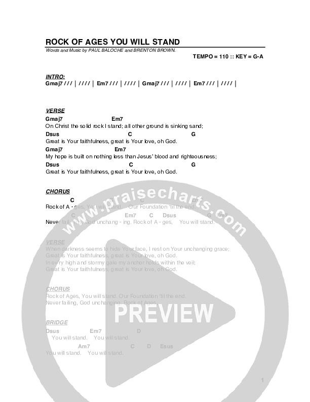 Rock Of Ages (You Will Stand) Chord Chart (G3 Worship)