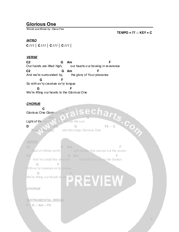 Glorious One Chord Chart (G3 Worship)