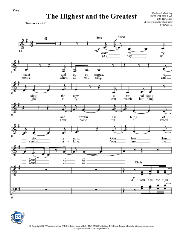 The Highest And The Greatest Choir Sheet (G3 Worship)
