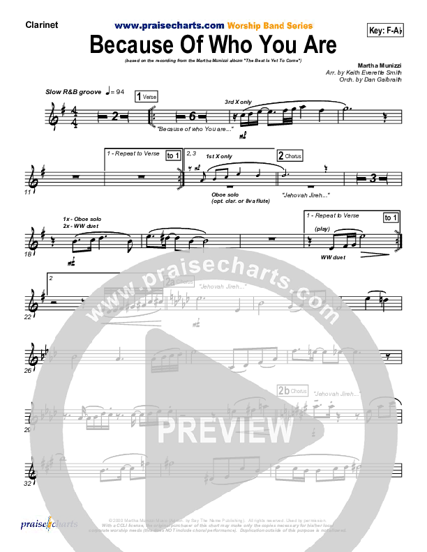 Because Of Who You Are Clarinet (Martha Munizzi)