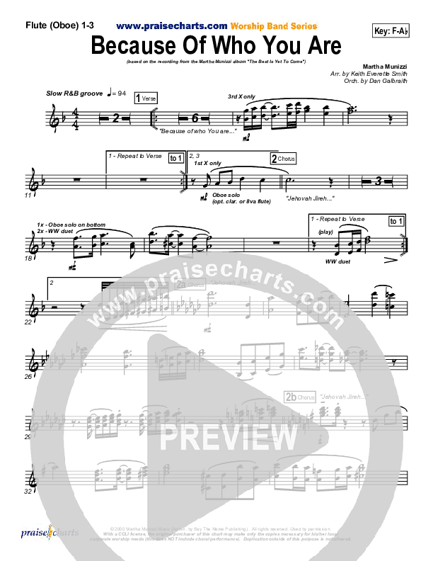 Because Of Who You Are Flute/Oboe 1/2/3 (Martha Munizzi)