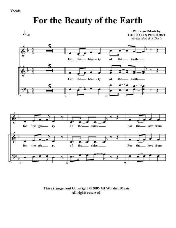For The Beauty Of The Earth Choir Sheet (G3 Worship)