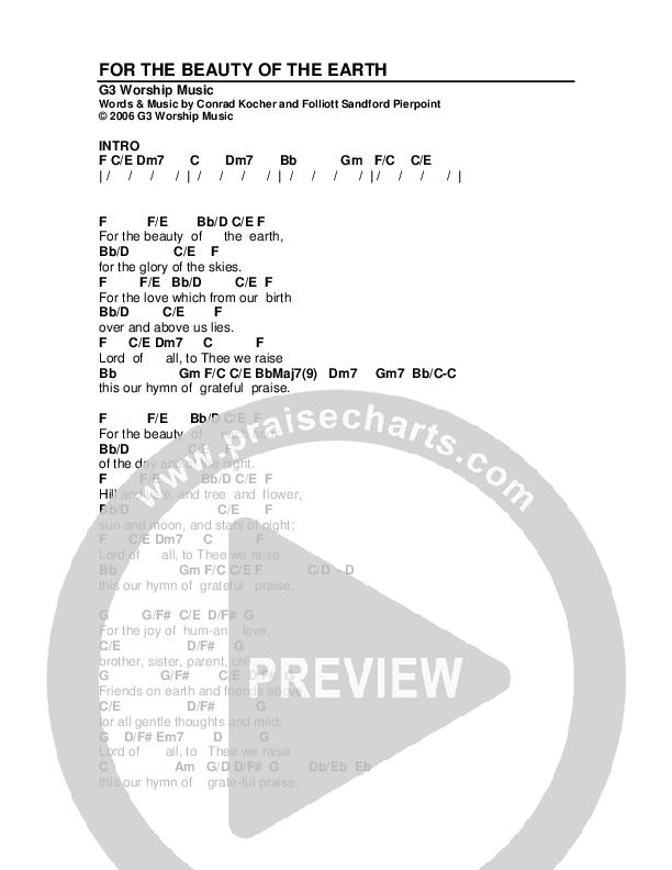For The Beauty Of The Earth Chord Chart (G3 Worship)