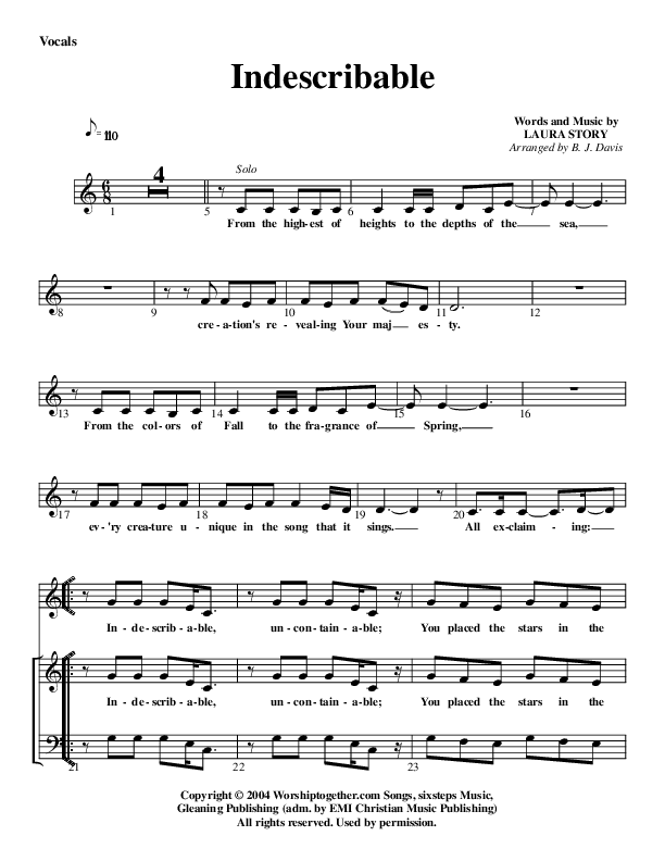 Indescribable Choir Sheet (G3 Worship)