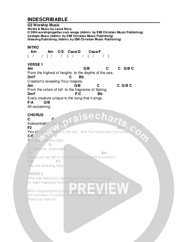 Indescribable Chord Chart (G3 Worship)