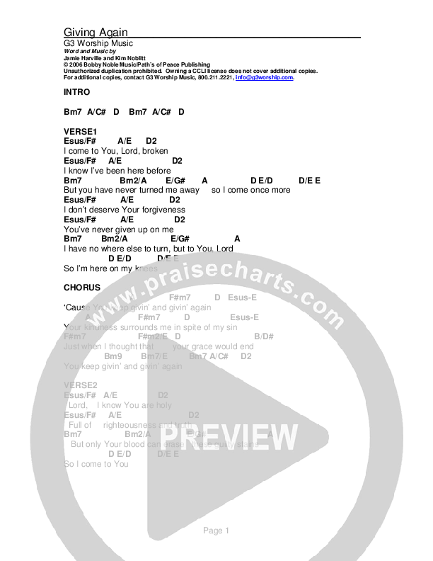 Giving Again Chord Chart (G3 Worship)