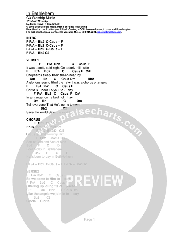 In Bethlehem Chord Chart (G3 Worship)