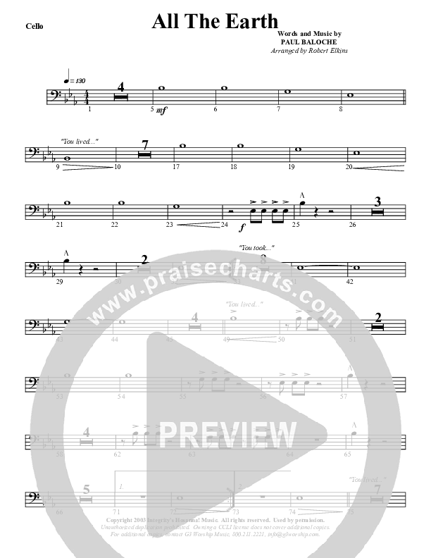 All The Earth Will Sing Your Praises Cello (G3 Worship)