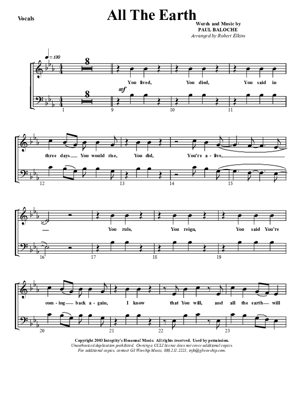 All The Earth Will Sing Your Praises Choir Sheet (G3 Worship)
