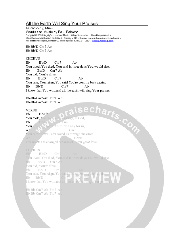 All The Earth Will Sing Your Praises Chord Chart (G3 Worship)