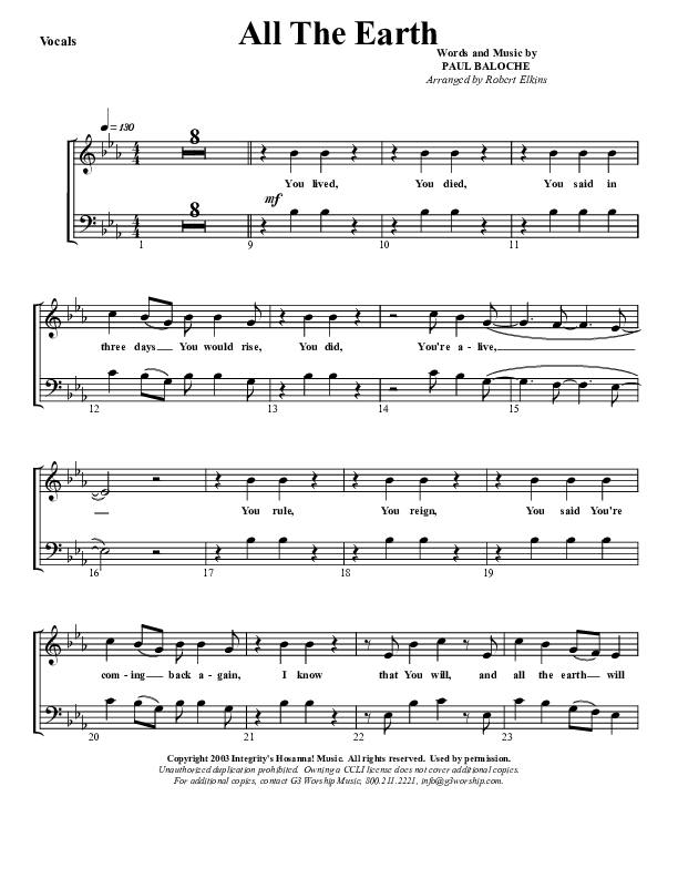 All The Earth Will Sing Your Praises Lead Sheet (SAT) (G3 Worship)