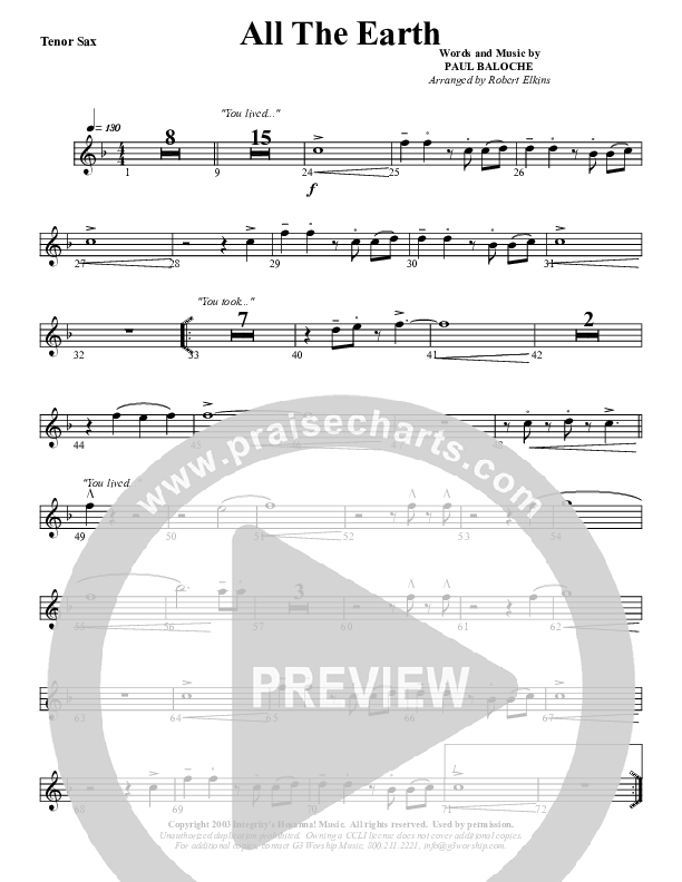 All The Earth Will Sing Your Praises Tenor Sax 2 (G3 Worship)
