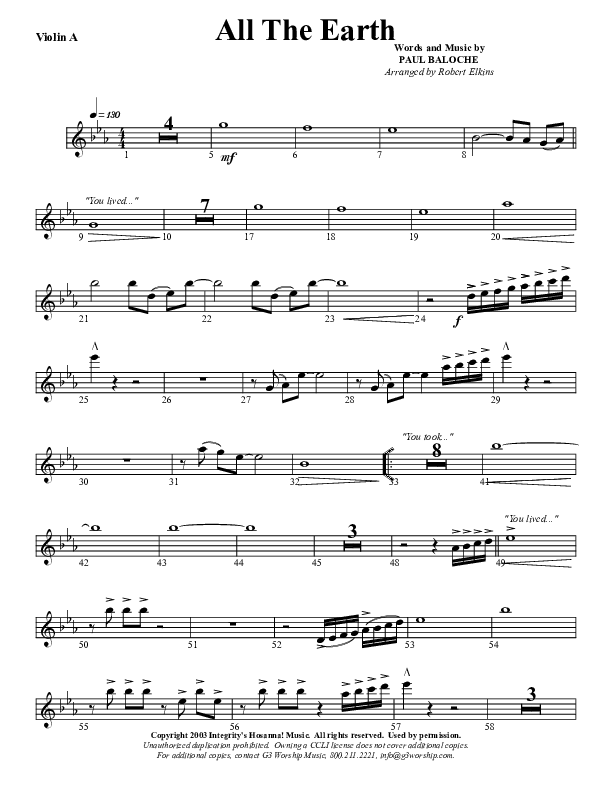 All The Earth Will Sing Your Praises Violin 1 (G3 Worship)