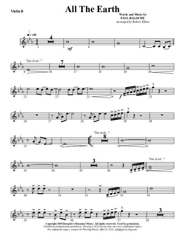 All The Earth Will Sing Your Praises Violin 2 (G3 Worship)