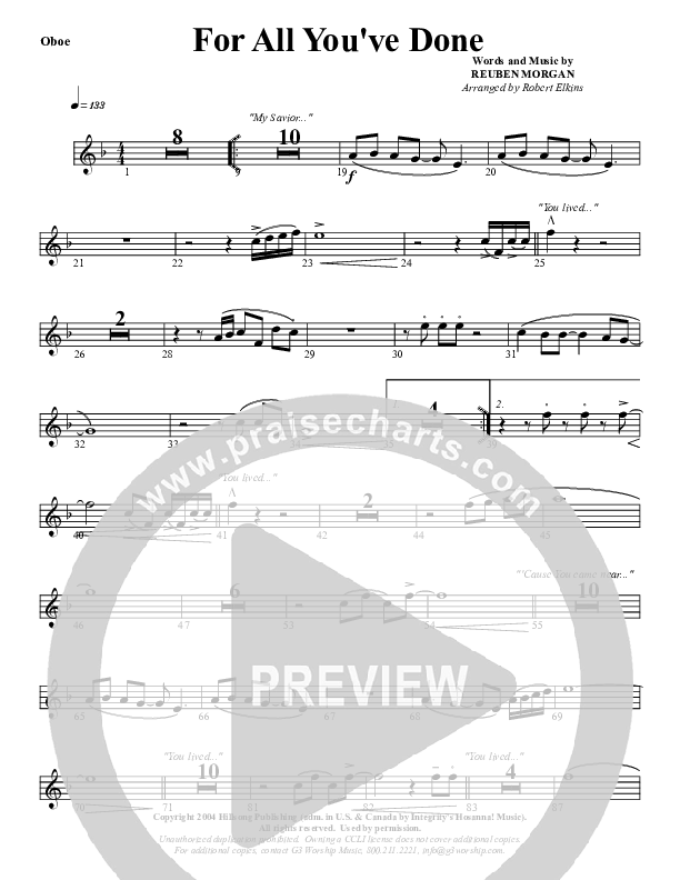 For All You've Done Oboe (G3 Worship)