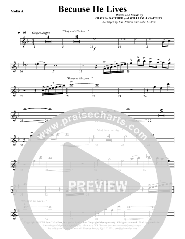Because He Lives Violin 1 (G3 Worship)
