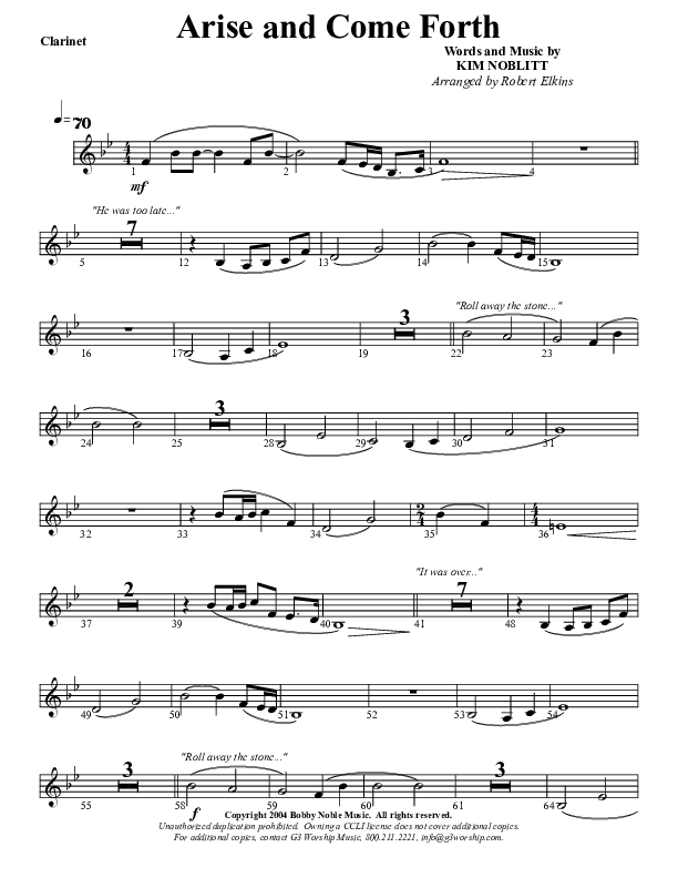 Arise And Come Forth Clarinet (G3 Worship)