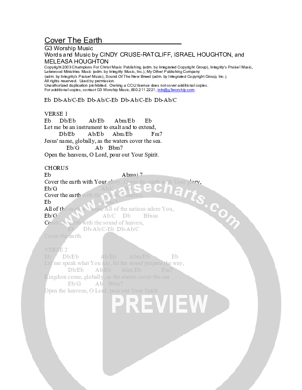 Cover The Earth Chord Chart (G3 Worship)