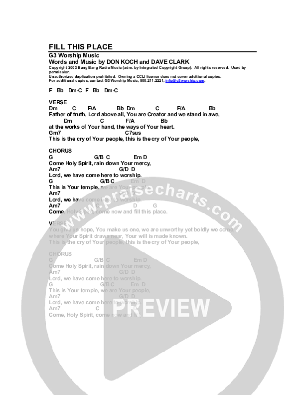 Fill This Place Chord Chart (G3 Worship)