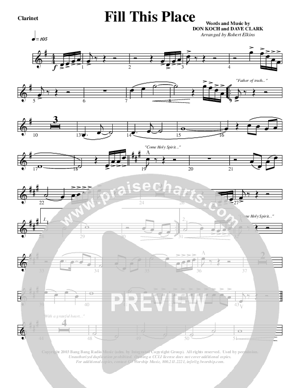 Fill This Place Clarinet (G3 Worship)