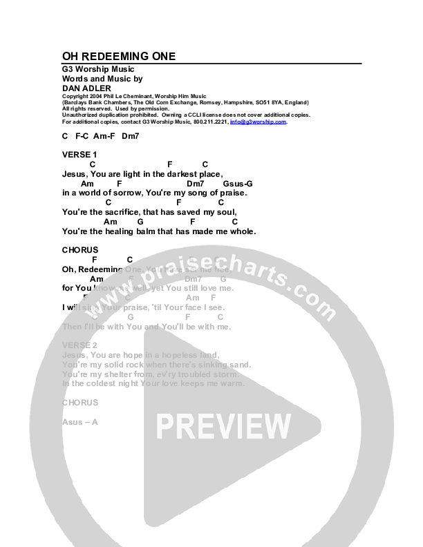 Oh Redeeming One Chord Chart (G3 Worship)