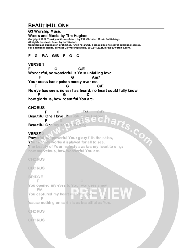 Beautiful One Chord Chart (G3 Worship)