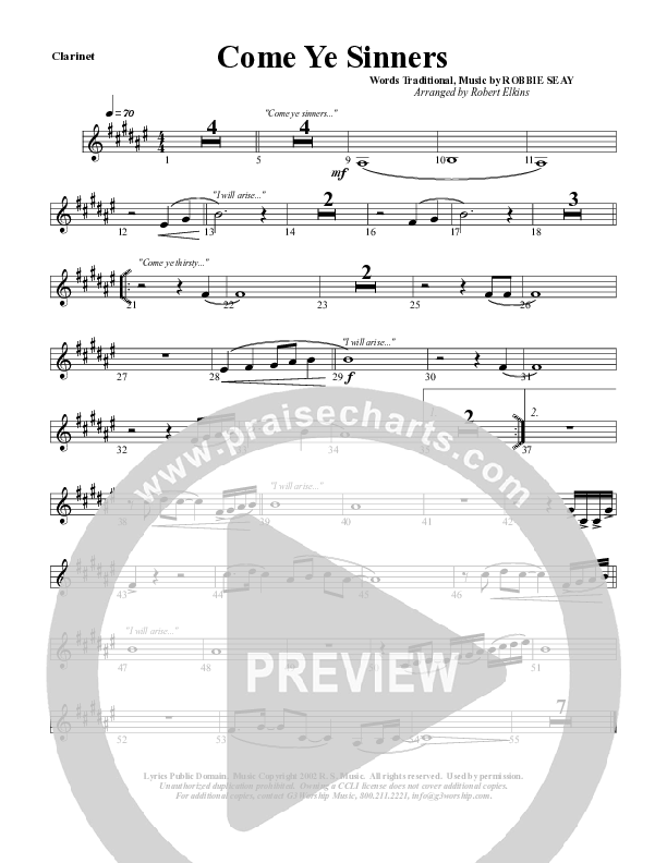 Come Ye Sinners Clarinet (G3 Worship)