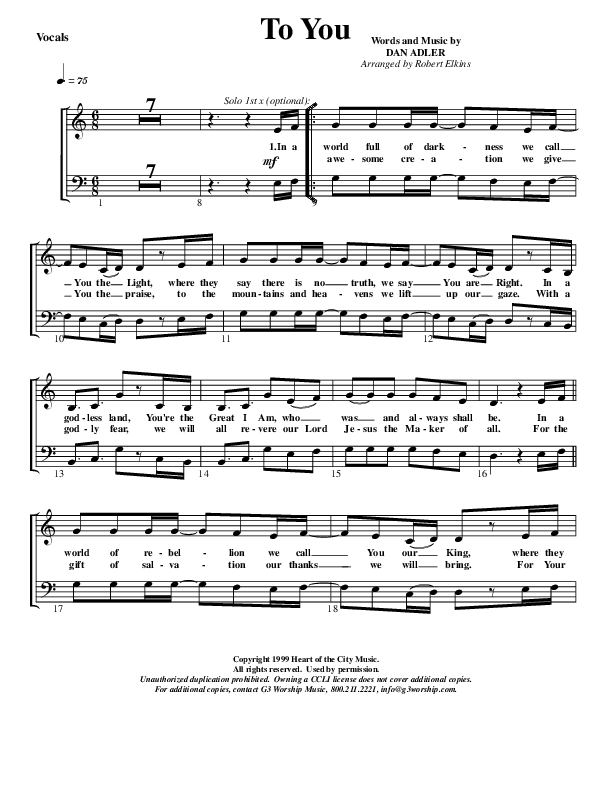 To You Choir Sheet (G3 Worship)