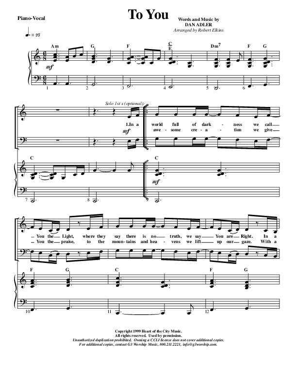 To You Piano/Vocal (G3 Worship)