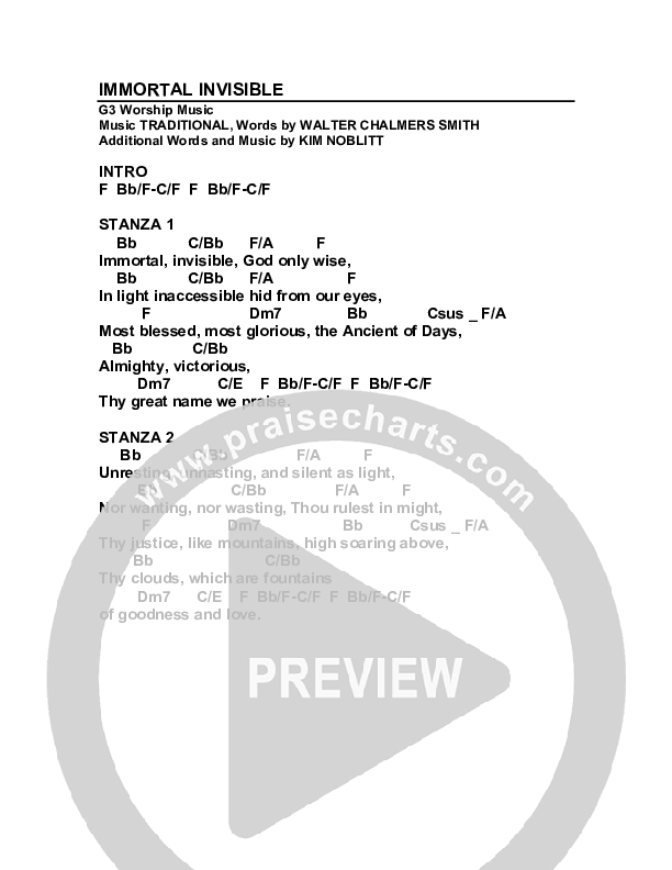 Immortal Invisible Chord Chart (G3 Worship)