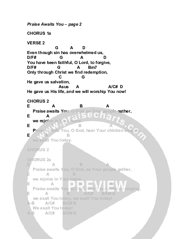 Praise Awaits You Chord Chart (G3 Worship)