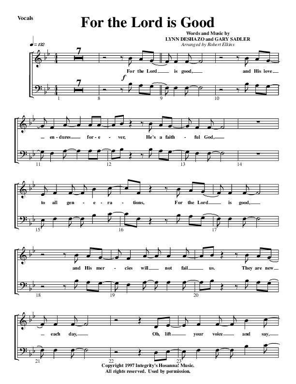 For The Lord Is Good Choir Sheet (G3 Worship)