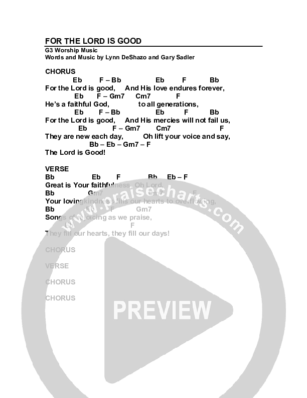 For The Lord Is Good Chord Chart (G3 Worship)