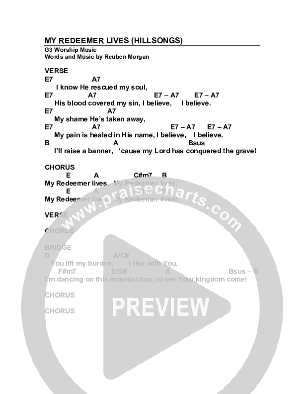 My Redeemer Lives Chord Chart (G3 Worship)