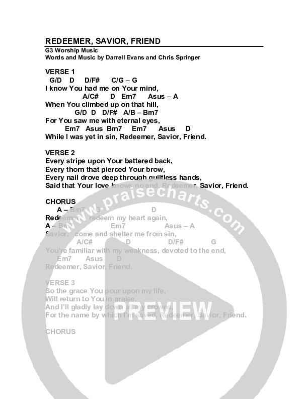 Redeemer Savior Friend Chord Chart (G3 Worship)