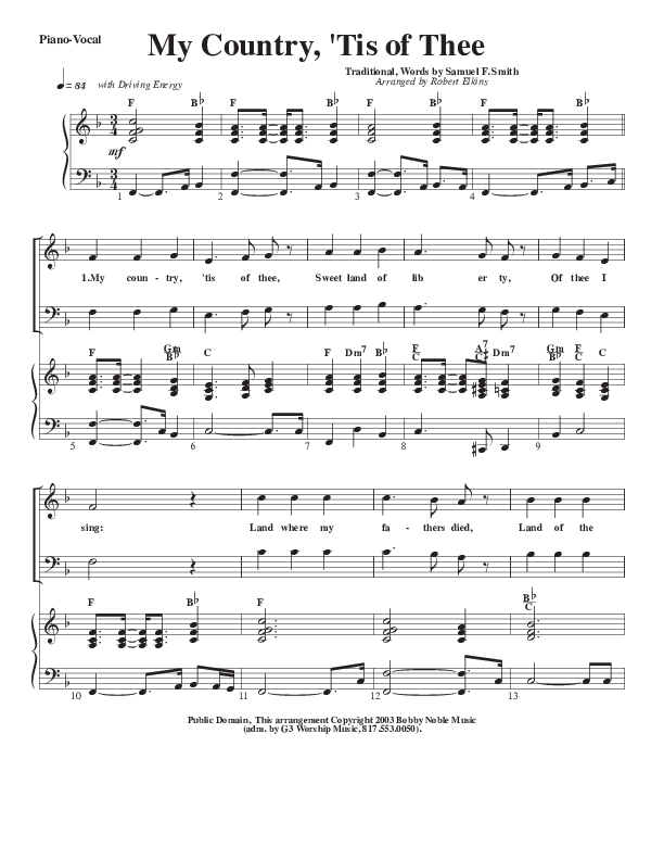 My Country Tis Of Thee Piano/Vocal (SATB) (G3 Worship)