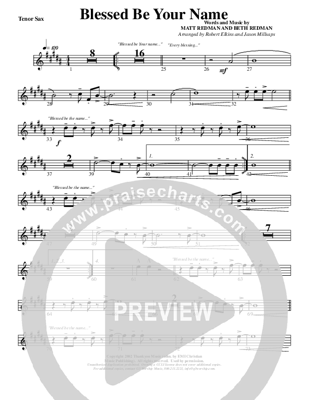 Blessed Be Your Name Tenor Sax 2 (G3 Worship)