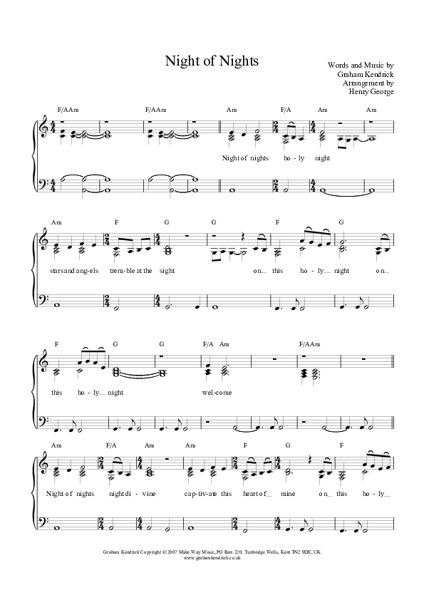 Night Of Nights Piano/Vocal (Graham Kendrick)