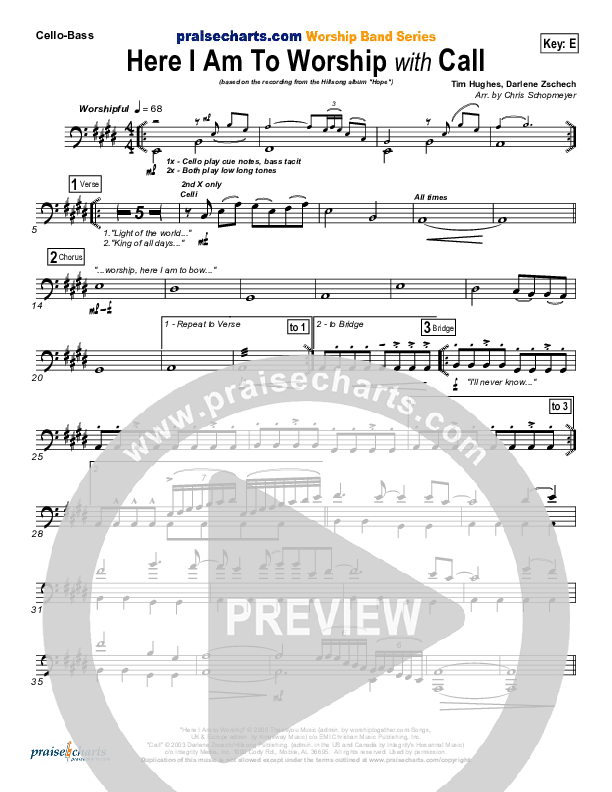 Here I Am To Worship (with Call) Cello/Bass (Hillsong Worship)