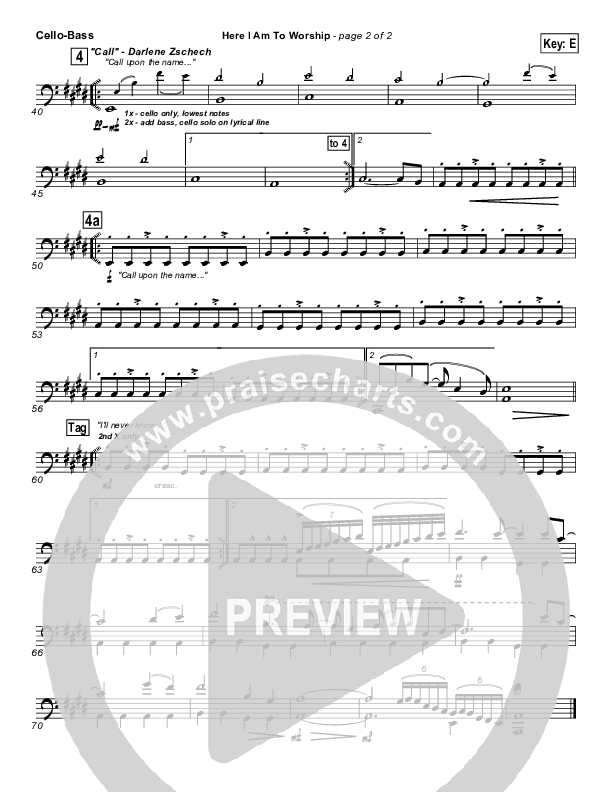 Here I Am To Worship (with Call) Cello/Bass (Hillsong Worship)